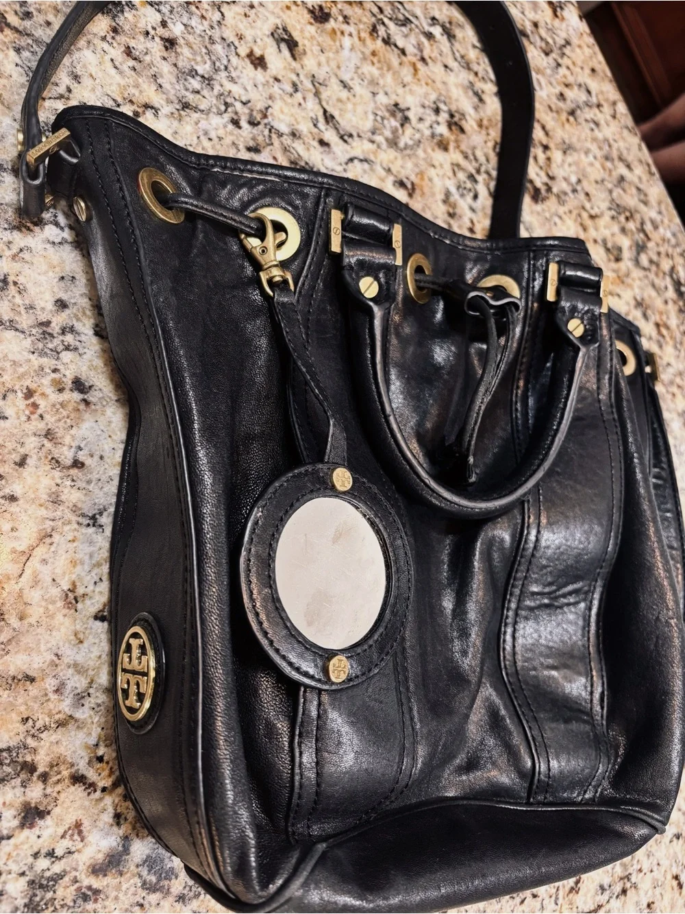 Tory Burch Black Leather Messenger with Gold Hardware